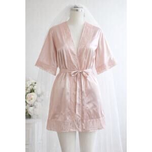 AW Bridal Pink Satin Robe Faux Lace Trim Kimono Sleeve Wedding Size S